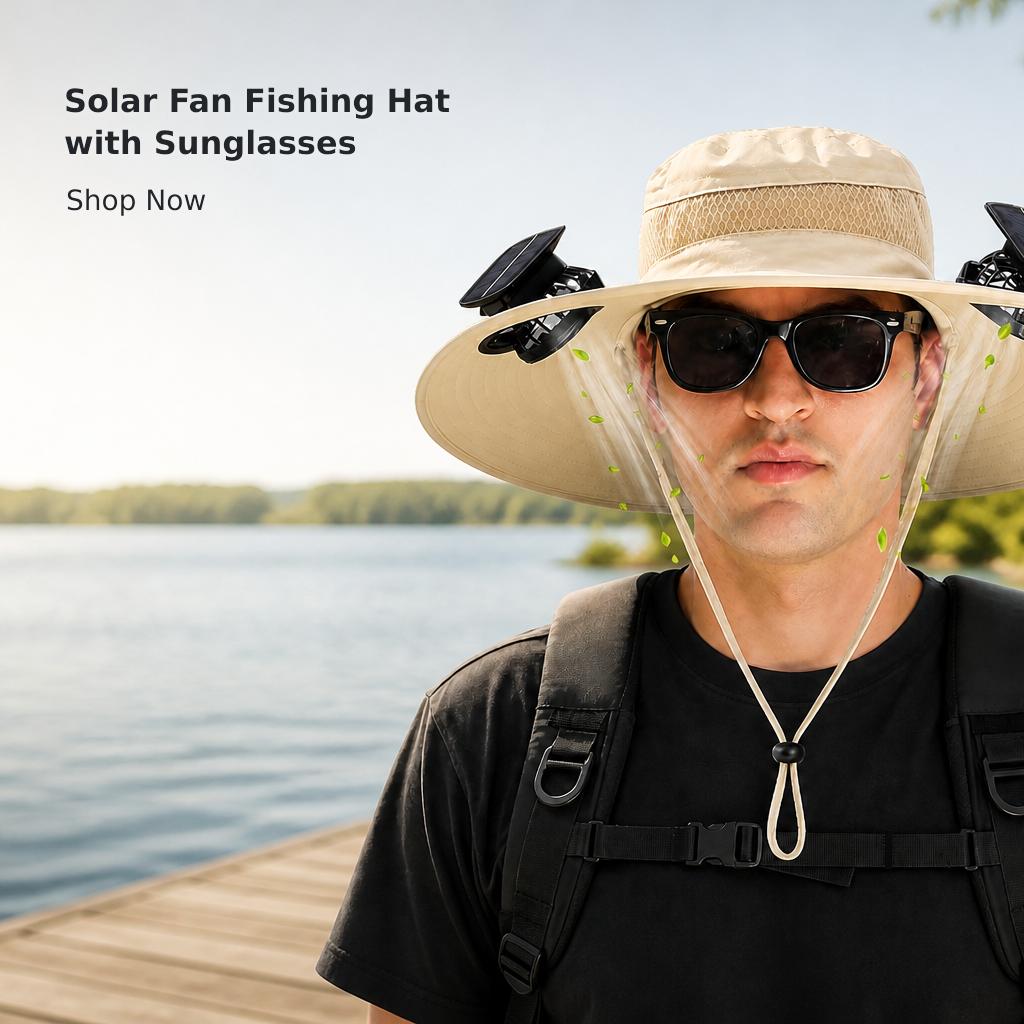 Wide-Brim Fishing Hat with Sunglasses and Dual Solar Fans
