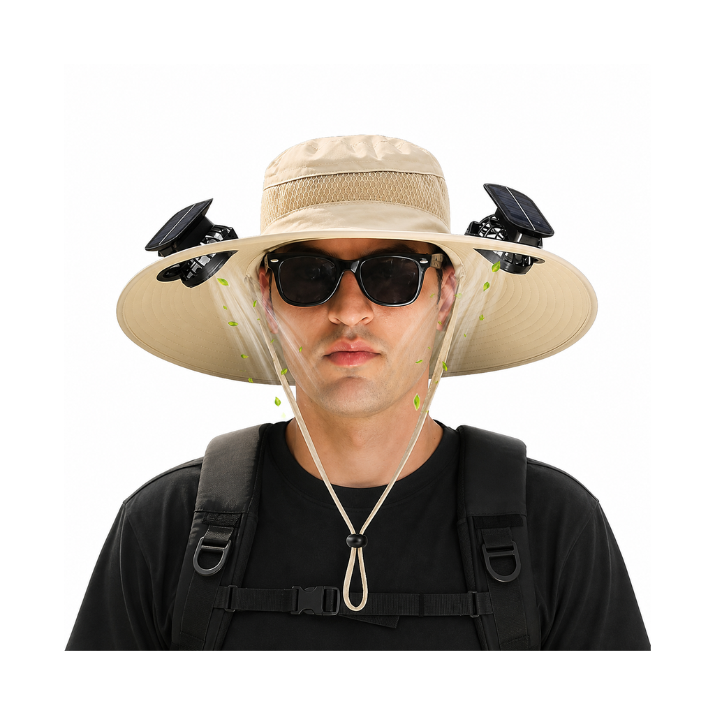 Wide-Brim Fishing Hat with Sunglasses and Dual Solar Fans