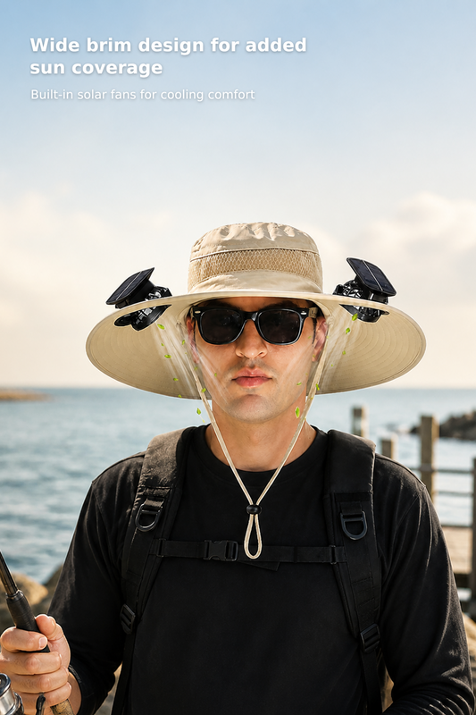 Wide-Brim Fishing Hat with Sunglasses and Dual Solar Fans