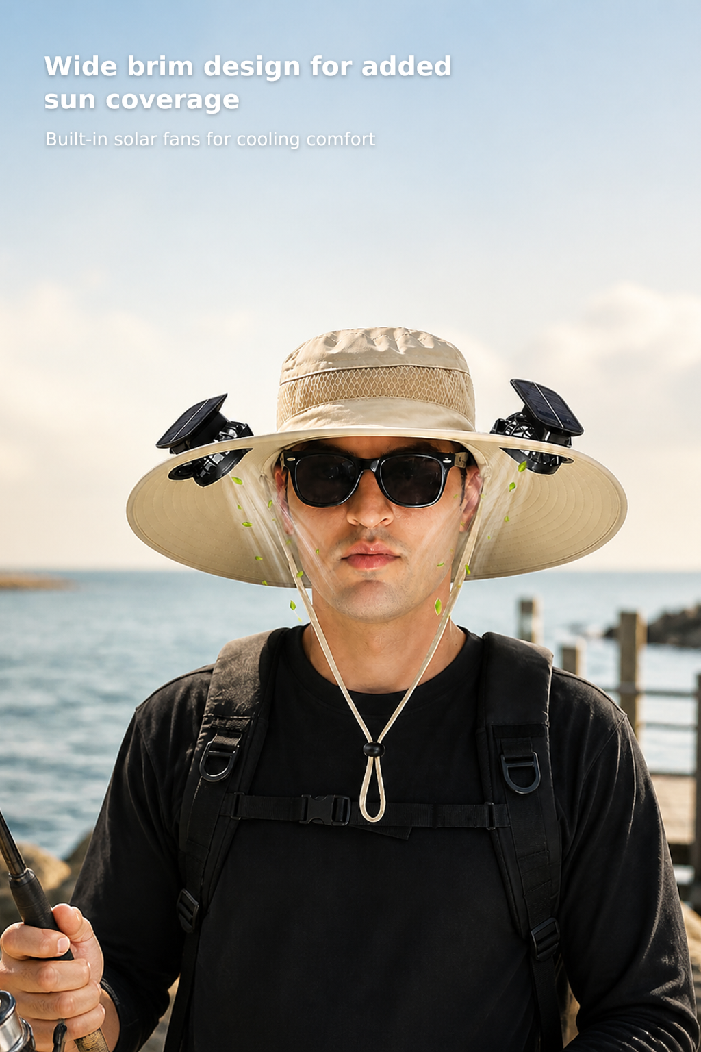 Wide-Brim Fishing Hat with Sunglasses and Dual Solar Fans