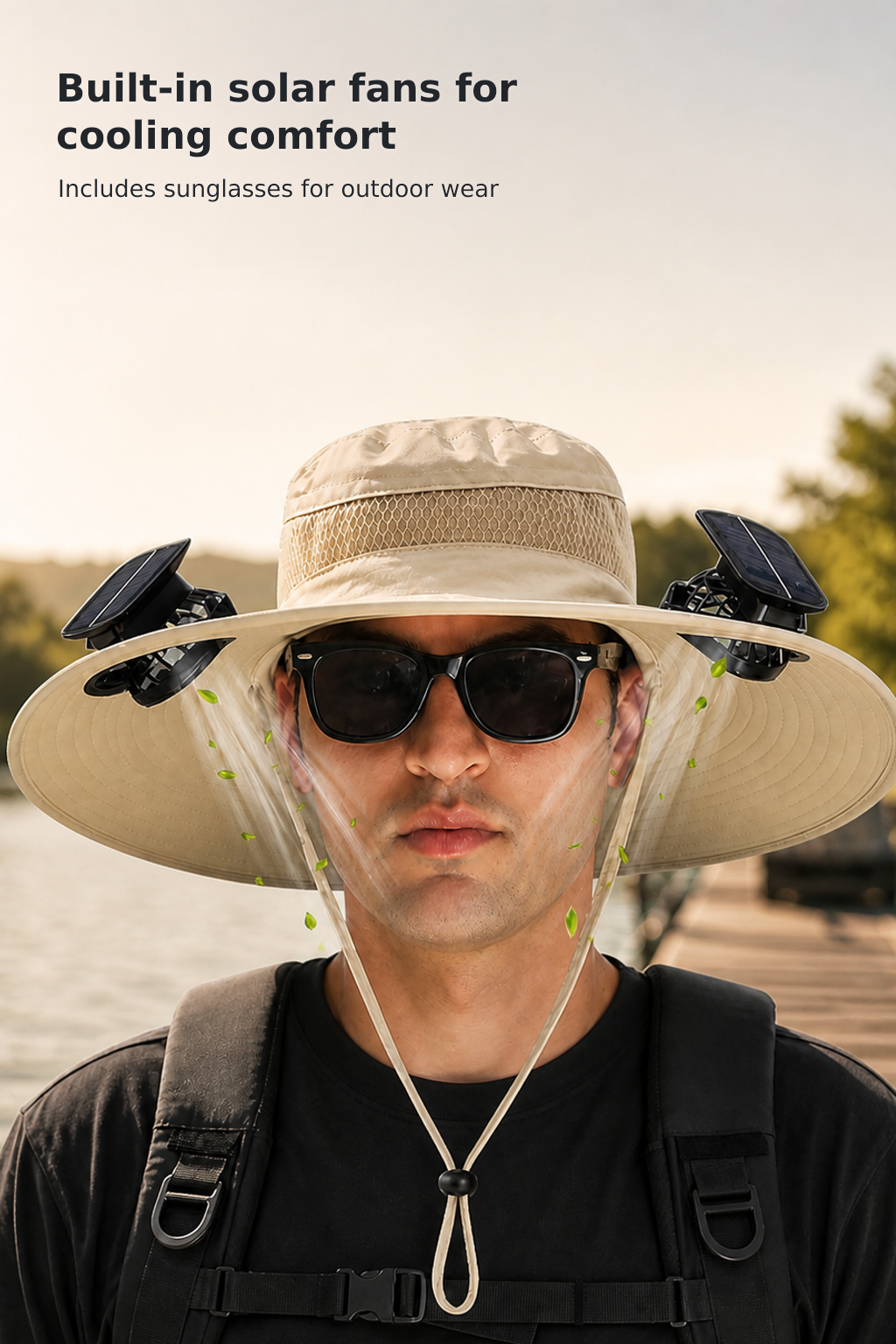 Wide-Brim Fishing Hat with Sunglasses and Dual Solar Fans